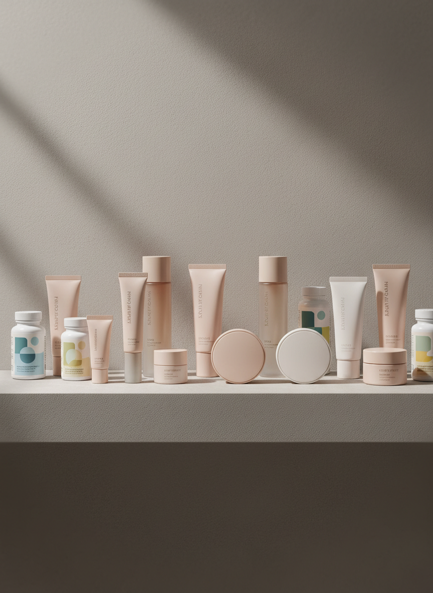 A meticulously arranged scene of a contemporary Korean beauty boutique shelf, rendered with photographic realism. Frosted glass skincare bottles, minimalist tubes, and sleek cushion compacts in muted beige, soft pink, and cloud white stand on a pale stone shelf. Discreet pharmacy-style supplement bottles with simple, label-like color blocks add a functional, wellness touch without readable text. The backdrop is a smooth, warm-gray plaster wall. Directional but diffused studio lighting from the upper left creates a luxurious sheen on the packaging and soft shadows below each item. Shot straight-on with sharp focus and a subtly blurred edge vignette, the composition feels editorial and refined, emphasizing K-Beauty discovery in a calm, sophisticated atmosphere.