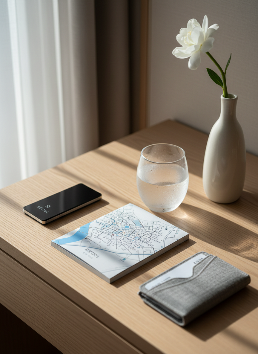 An elegant flat lay of a minimalist Seoul hotel nightstand, styled in photographic realism to suggest refined Korea travel. A finely grained light-wood tabletop holds a sleek black room key card, a small open guidebook featuring an abstract map of Seoul, and a frosted glass of water beading with condensation. Beside them rests a folded subway card wallet and a single stem of white flowers in a slim ceramic vase. Soft morning light from an unseen window creates gentle highlights and shadows, emphasizing textures. The composition uses rule of thirds with a calm, uncluttered arrangement and shallow depth of field, creating a sophisticated, curated mood ideal for a premium travel editorial.
