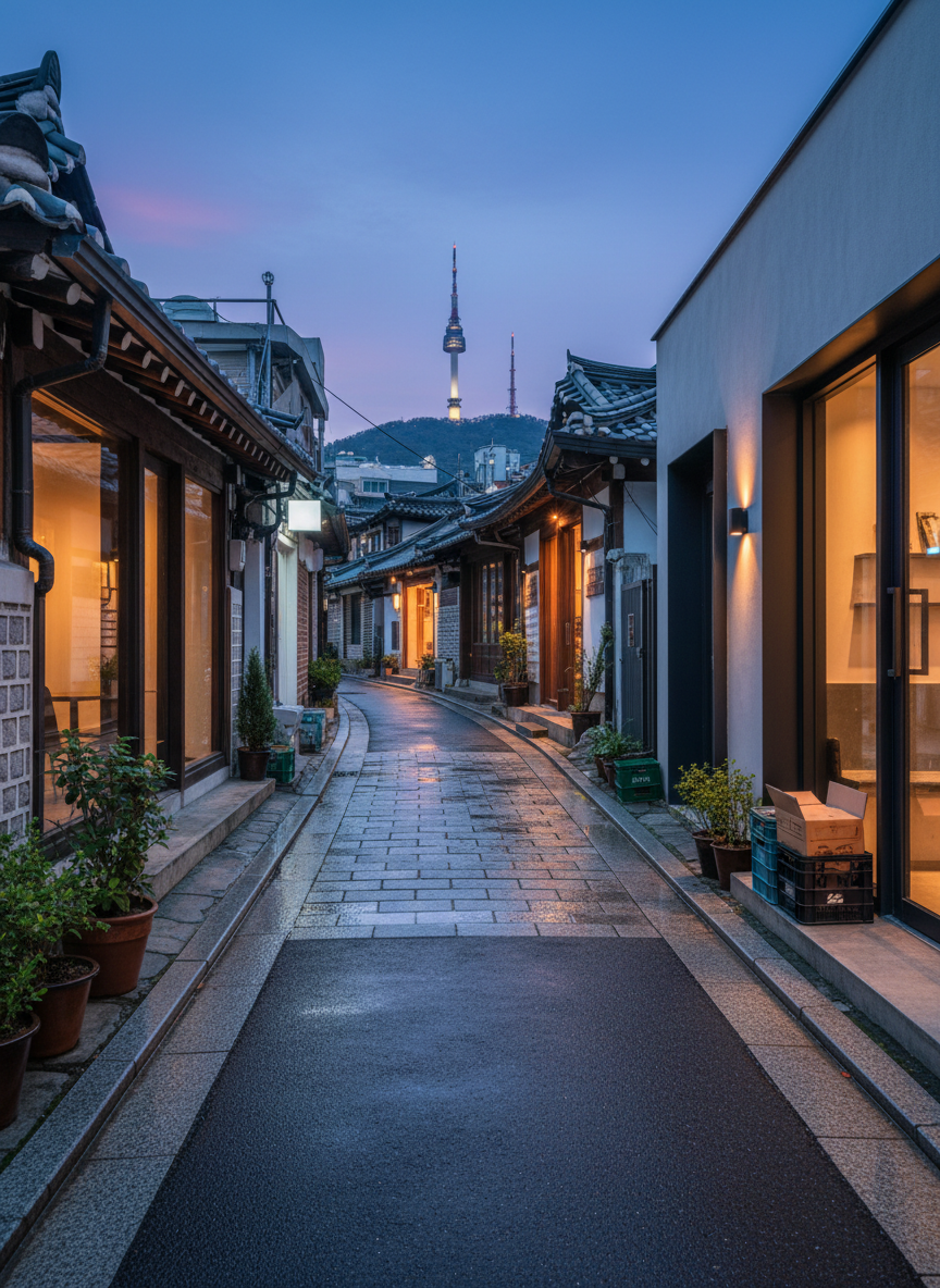 A wide, cinematic view of a Seoul neighborhood alley at blue hour, captured in photographic realism. The narrow lane is lined with low, traditional-style buildings and understated modern cafes, their signage suggested only through soft, abstract glows. Subtle reflections gleam on slightly wet stone and asphalt. In the distance, Namsan Tower rises against a deepening indigo sky. Warm window light spills onto potted plants and neatly stacked delivery crates, suggesting everyday local life without showing people. Shot at eye level with a shallow depth of field, foreground details crisp and background softly blurred. The mood is sophisticated, calm, and quietly luxurious, evoking the feeling of a curated insider walk through authentic Korea.