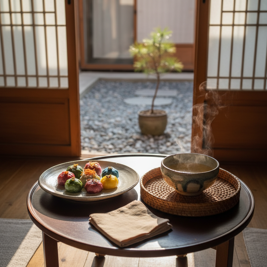 A sunlit table setting in a hidden Seoul hanok-style cafe, photographed in realistic detail. A low, dark-wood table holds a single ceramic plate with neatly arranged, jewel-toned tteok and a shallow bowl of clear, steaming tea, both in handmade, slightly irregular pottery with visible glaze drips. A woven rattan tray and a folded linen napkin in muted sand add texture. Beyond, sliding wooden doors open to a tiny inner courtyard with pebbled ground and a single pine sapling, softly out of focus. Late afternoon light filters in, creating dappled shadows across the scene. Shot from a slightly elevated angle with a gentle depth of field, the mood is serene, intimate, and subtly luxurious, evoking a local insider find.